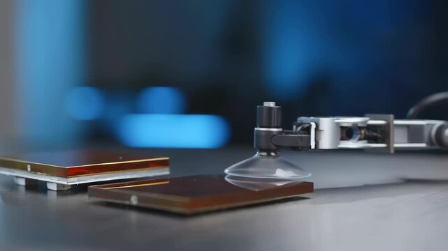 Microscope with metal arm and lens focusing on small square samples featuring laboratory, equipment, science with technology and research elements