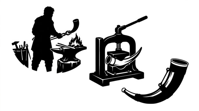 Traditional hornsmith heating powder horn over forge fire with vintage manual screw press machine shaping animal horn and completed decorative drinking horn vector silhouette illustration set