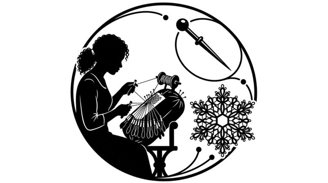 Traditional woman lacemaker weaving bobbin lace on bolster pillow emblem with vintage straight pin and complete intricate snowflake lace doily ornament vector silhouette illustration