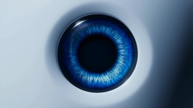 Robot eye macro close-up with glowing blue iris and reflective lens, futuristic surveillance and sci-fi technology vibe