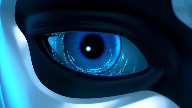 Robot eye macro shot with glowing blue iris and circuit highlights, futuristic technology closeup for AI vision and surveillance concepts