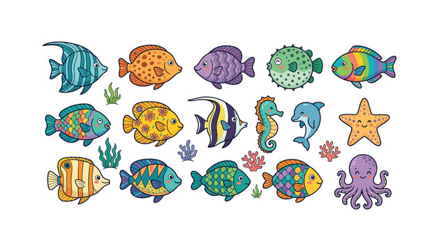 Set of marine life characters including fish sea horse octopus and dolphin in cute vector cartoon style for decor.