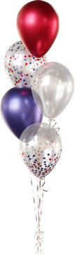 Balloon bouquet in American flag colors with star confetti isolated on a transparent background. Realistic balloons for Independence Day, Fourth of July, patriotic celebrations and festive design.