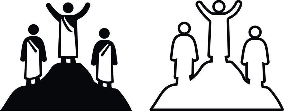 Mount Arafat pilgrims icon set with Islamic Hajj and worship figures in solid and outline styles isolated on transparent background