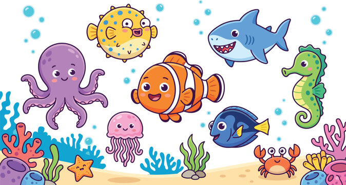 Underwater cartoon background with friendly shark octopus jellyfish crab and seahorse swimming over sandy ocean floor.