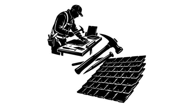 Traditional roofer cutting natural slate tiles at workshop bench with specialized slating hammer ripper tool and stacked roofing shingles silhouette vector illustration set