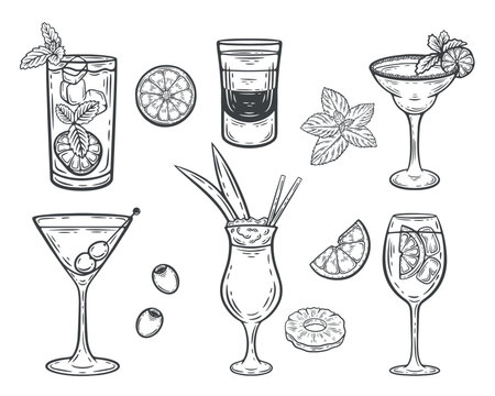 Cocktails set with mojito, martini, margarita, pina colada, aperol spritz, B52 shot glass, lime, mint and olives, black and white engraving, hand-drawn illustration, line art contour, graphic isolated