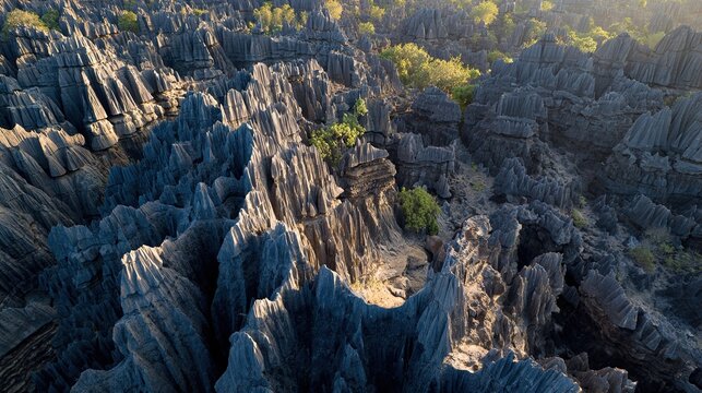 Aerial view presents a dense field of jagged, grey limestone formations, characteristic of tsingy landscapes.