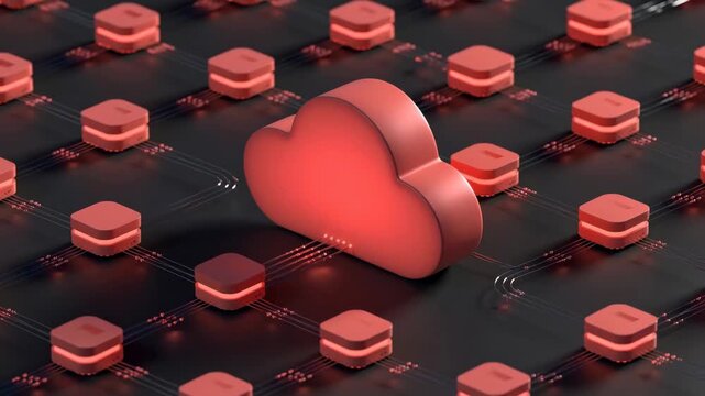 Red cloud icon linked with blocks in stylized tech layout on dark surface, concept of data flow and connectivity