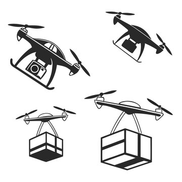 Three drones with cameras and two drones carrying packages clear cut delivery