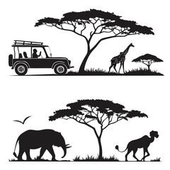 Safari scene with giraffe elephant cheetah under acacia trees safari tour © Jibon