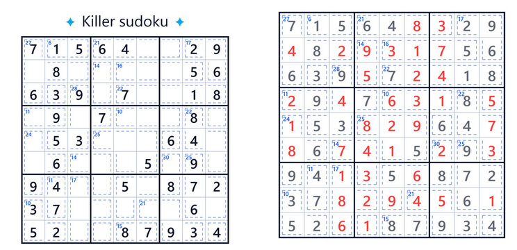 Killer Sudoku puzzle layout with solved and unsolved grids  