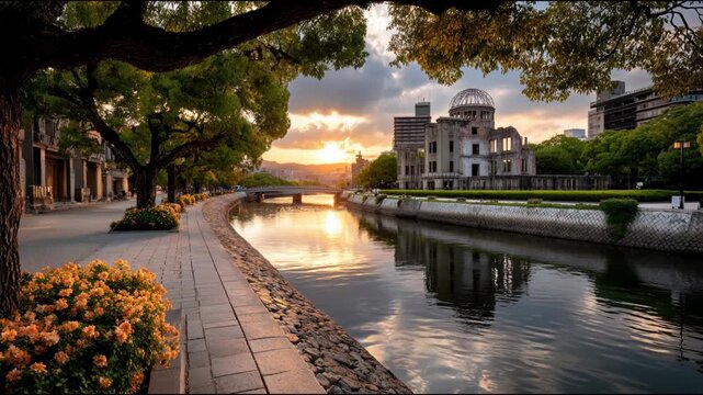 Hiroshima Peace Memorial Dome, a powerful UNESCO World Heritage site and symbol of peace, reflects in Motoyasu River as the evening sun casts a warm glow, embodying resilience and hope