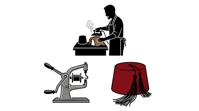 Traditional hatmaker steam ironing felt on block mold next to vintage mechanical fez press machine and completed red fez hat with tassels vector illustration set