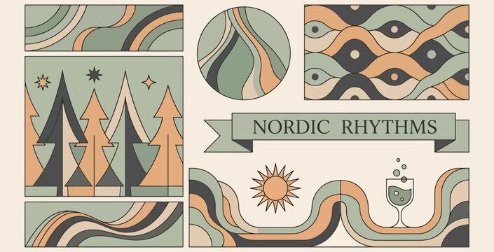 Nordic rhythms abstract geometric art set with stylized forest and sunset landscape in muted colors.
