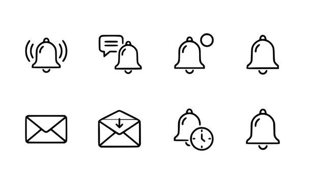 Notification bell and inbox message icon set alert reminder web interface outline vector collection