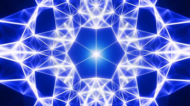 Energy field forming evolving geometric patterns with blue and white lights on black background radiating outward