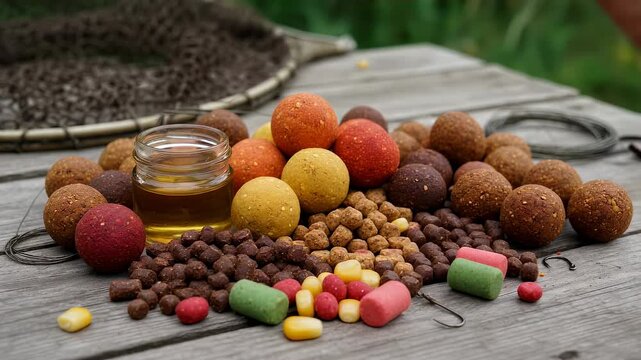 Man dips carp bait boilie into jar of liquid attractant for fishing. Preparation of angler lures on wooden table. Feeding groundbait for successful fish catch.