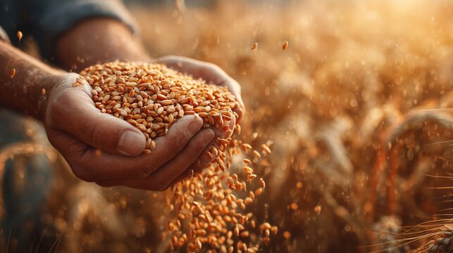 Rough hands of a worker filled with golden wheat seeds over a blurred sunny meadow. Concept of traditional farming, high quality harvest, and agricultural expertise.