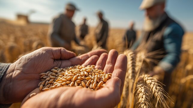 A handful of wheat grains held by a worker with people harvesting in the background. Concept of hunger relief, charity, humanitarian aid, and world food supply.