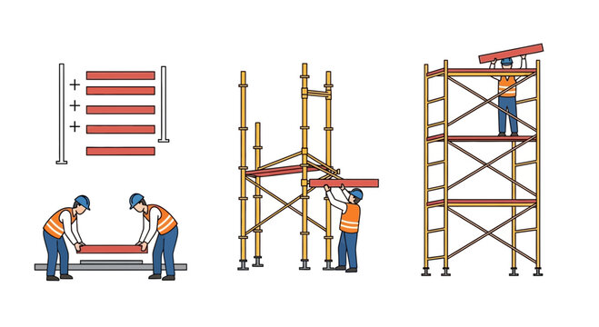 Scaffolding construction steps: assembly, erection, and completed structure with workers