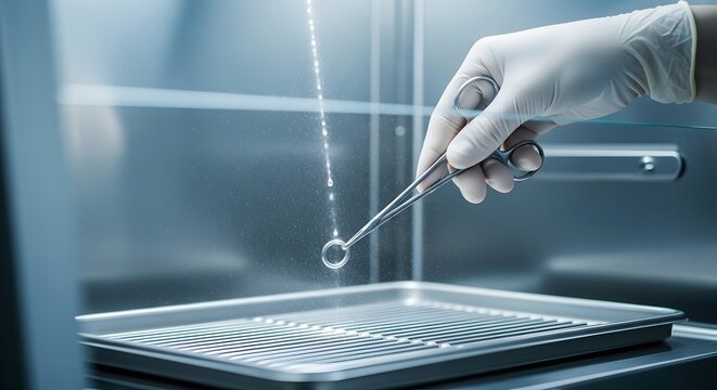 A gloved hand holding a pipette over a microarray chip in a lab setting.