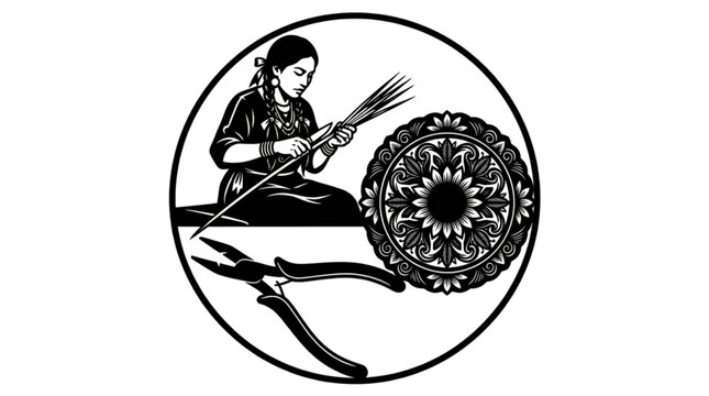 Native American woman splitting sweetgrass stalks for basketry next to diagonal cutting pliers and finished spiral woven pine needle basket emblem silhouette vector illustration