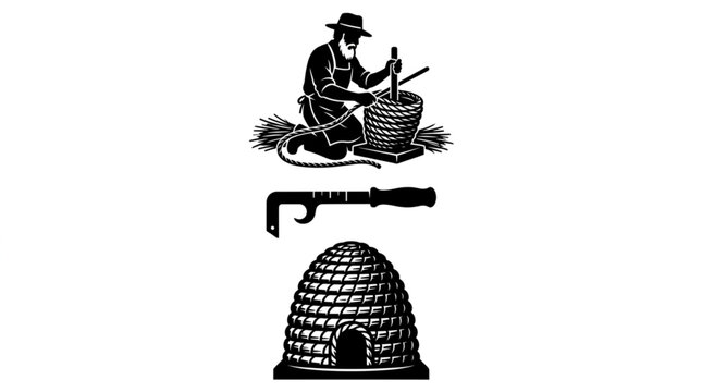 Traditional beekeeper weaving straw skep beehive with specialized cane splitting tool and complete vintage braided straw hive dome silhouette vector illustration set