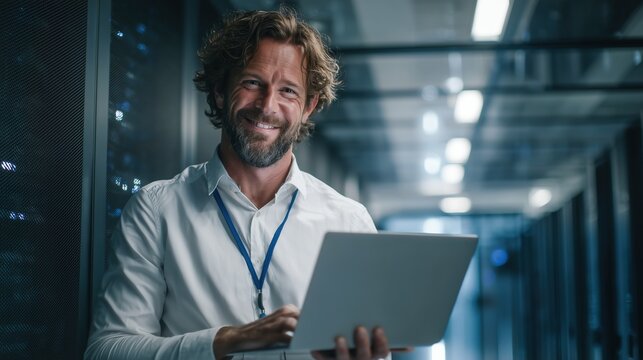 Male expert using a laptop to monitor hardware performance in a data center. Concept of system administration, technical maintenance, and data management.