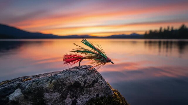 Colorful fishing fly resting on a mossy rock by a calm lake at sunset. Artificial lure for trout angling equipment. Scenic summer outdoor recreation hobby.