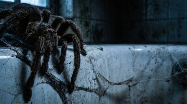 Large tarantula spider crawling on edge of dirty bathtub in dark bathroom. Scary scene representing nightmare, phobia and horror. Concept of insect infestation in old abandoned house.
