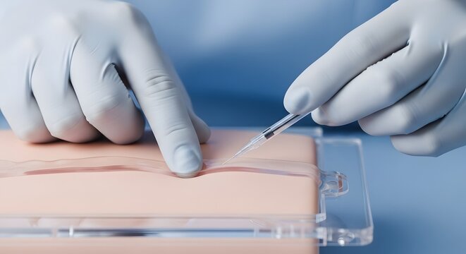 Medical professional practicing suturing technique on synthetic skin model.