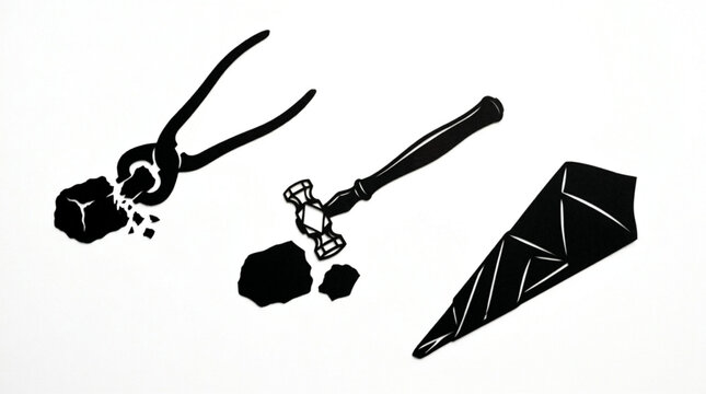 Traditional lapidary tools set with cutting pincers breaking rough stone hammer cracking raw mineral rock and finished gemstone facet silhouette vector illustration