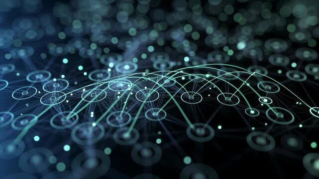 Glowing interconnected nodes forming a digital network in futuristic style on dark background, concept of data connectivity