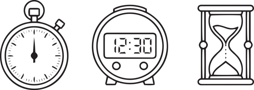 Stopwatch, digital clock, and hourglass on white background