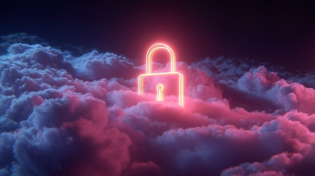A glowing orange and pink lock symbol floating among soft clouds. Concept of cloud storage protection, digital safety, and encrypted data privacy.