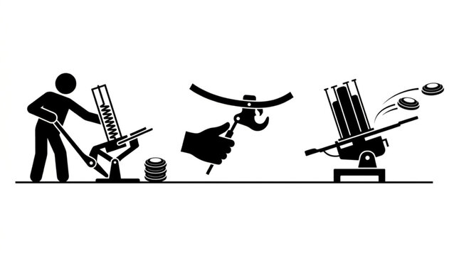 Clay target launcher mechanism diagram with manual trap machine cocking lever hand adjusting release trigger and automatic thrower vector silhouette icon set