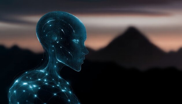 A glowing blue humanoid figure with sparkling lights on its body stands in front of a majestic mountain range at sunset