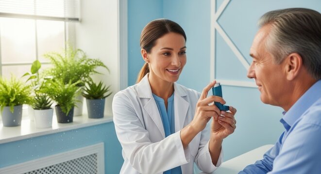 Medical Professional Explaining Inhaler Use to Patient for Healthy Respiratory System