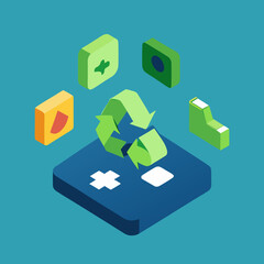 Fototapeta premium Isometric icons representing recycling and digital file management concepts with plus sign