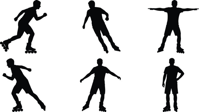 Silhouette Vector Set of People Rollerblading in Different Poses for Outdoor Sports, Fitness, Exercise, Recreation, and Active Lifestyle Illustrations