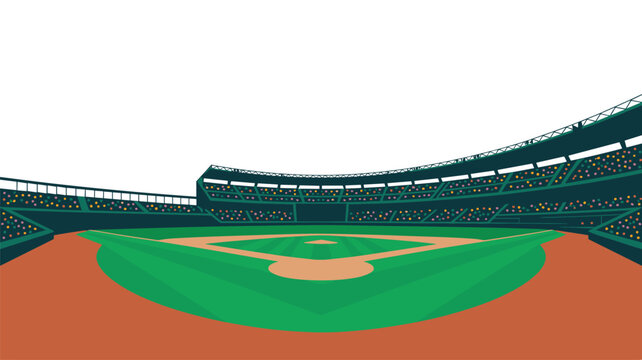 A wide angle view of an empty baseball stadium shows a lush green outfield combined with a large dirt infield and high seating capacity for a sports facility.
