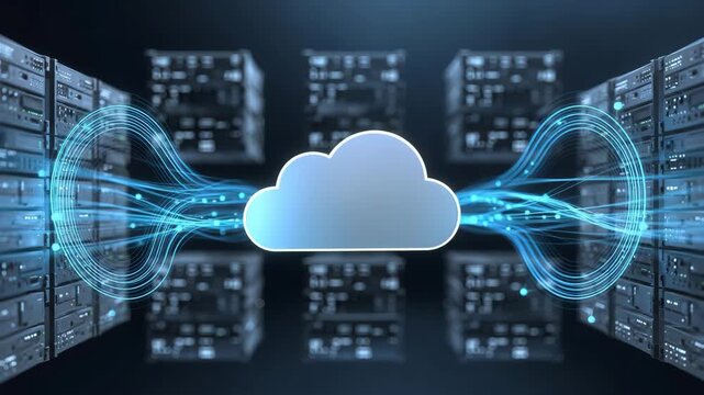 Cloud icon with dynamic data lines among server racks in futuristic style on dark background, concept of digital connectivity