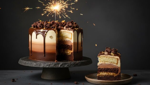 Decadent chocolate layer cake with burning sparkler, gourmet triple chocolate mousse dessert on stone stand, elegant birthday celebration cake