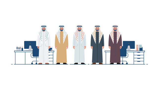 Five professional men wearing traditional Arabic thobes and headwear stand in a row within a contemporary open-plan office space featuring minimalist desks and computer workstation