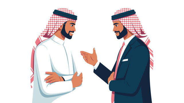 Two professional men in traditional Middle Eastern clothing engage in a business discussion while standing against a clean white background in a stylized vector illustration.