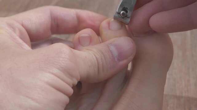 Adult man cuts his toenails using nail clipper. Foot and toes of an adult man, close-up shot video in natural light