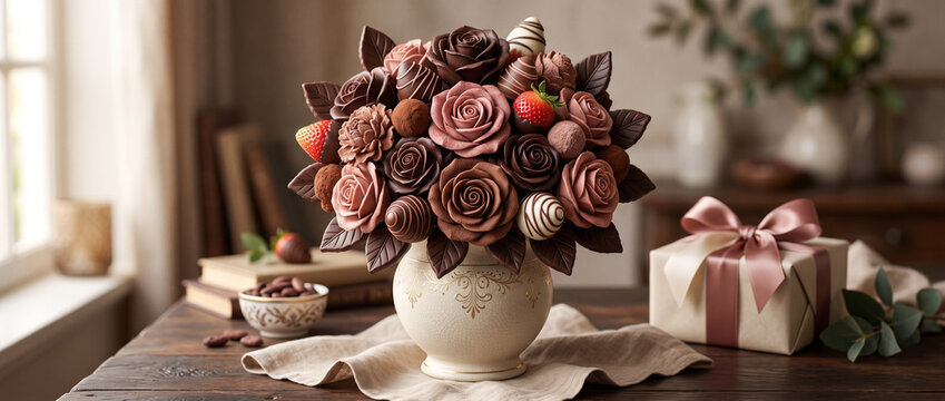 World Chocolate Day Chocolate Flower Vase Illustration, Luxury Romantic Dessert Bouquet with Truffles and Strawberries