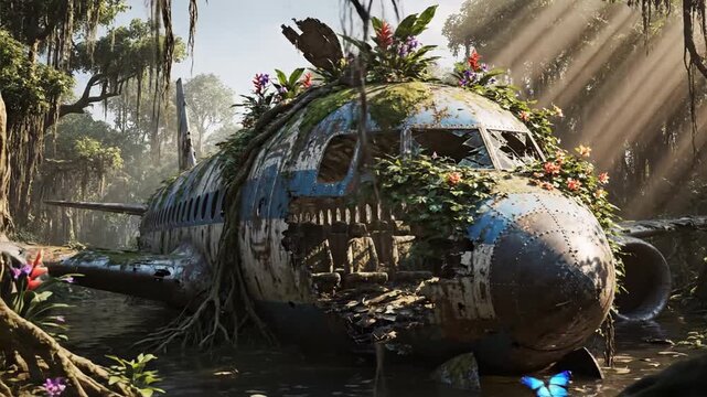Overgrown abandoned airplane fuselage in lush tropical jungle with sunlight