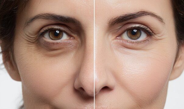Macro split of a woman's face showing reduction of eye bags and wrinkles. Concept of effective rejuvenation, cosmetic surgery, and skin restoration.